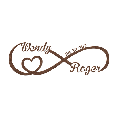 Personalized infinity love metal sign in copper — custom couples names and wedding date wall art
