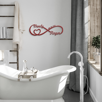 Red personalized infinity love metal sign in modern room — personalized keepsake decor