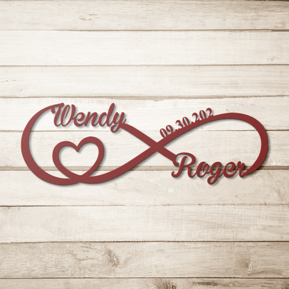 Red personalized infinity love metal sign on wood background — personalized keepsake wall art