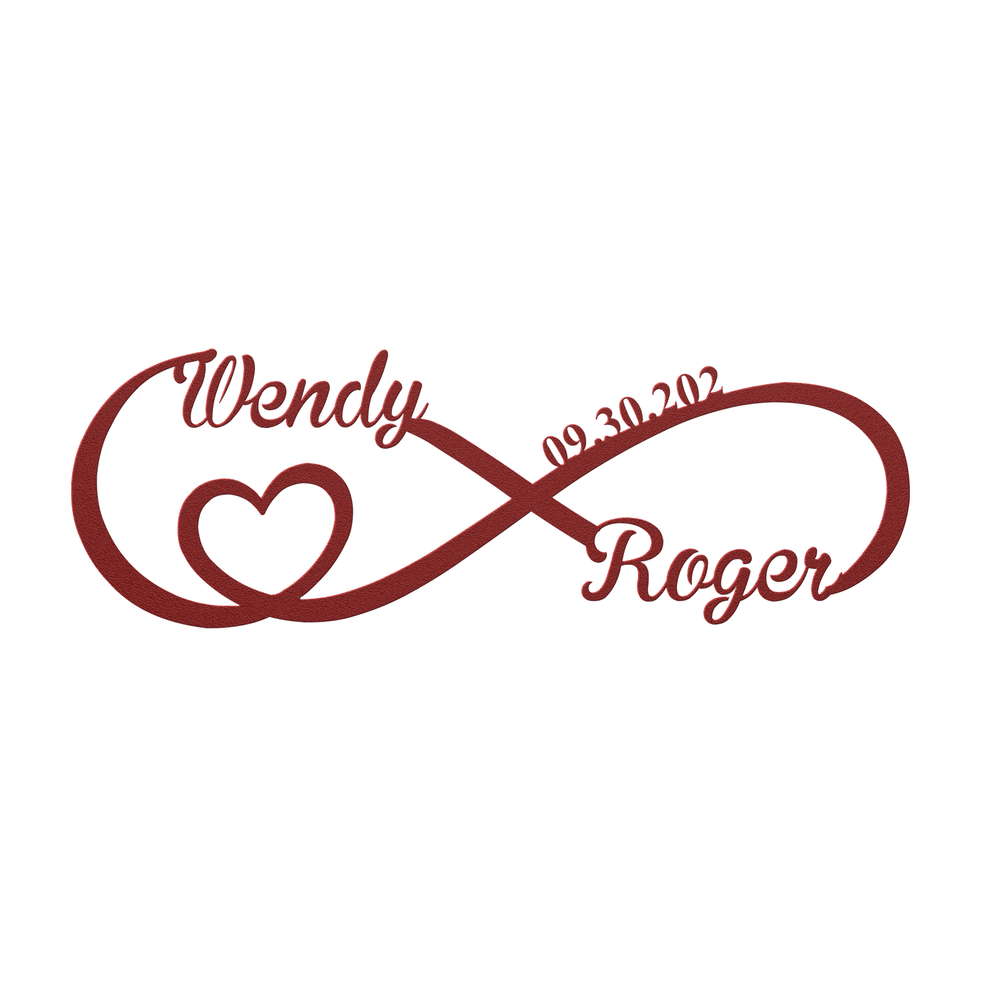Personalized infinity love metal sign in red — custom couples names and wedding date wall art