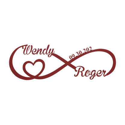 Personalized infinity love metal sign in red — custom couples names and wedding date wall art