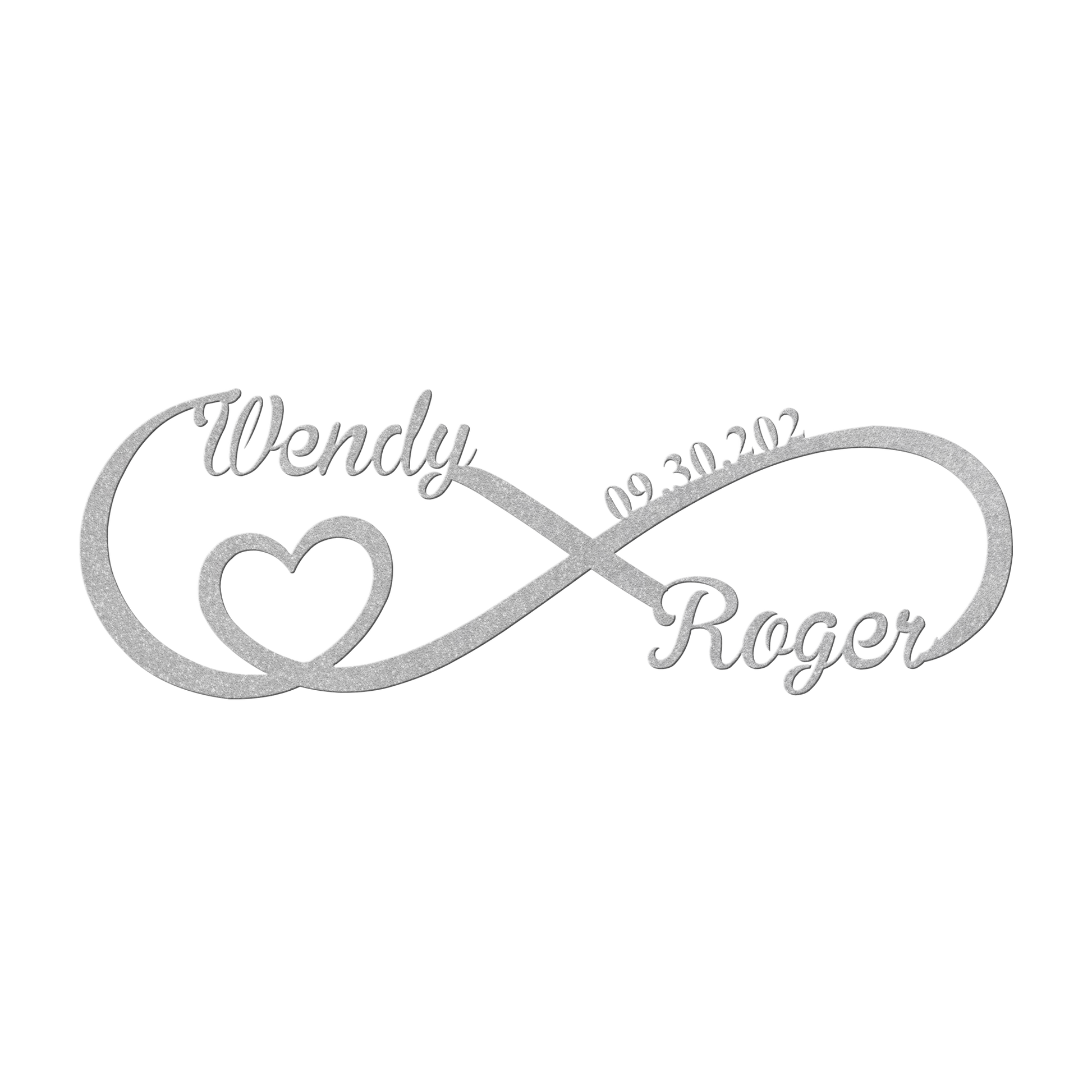 Personalized infinity love metal sign in silver — custom couples names and wedding date wall art