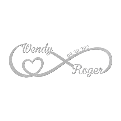 Personalized infinity love metal sign in silver — custom couples names and wedding date wall art