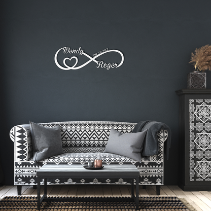 White personalized infinity love metal sign in living room — personalized keepsake wall decor