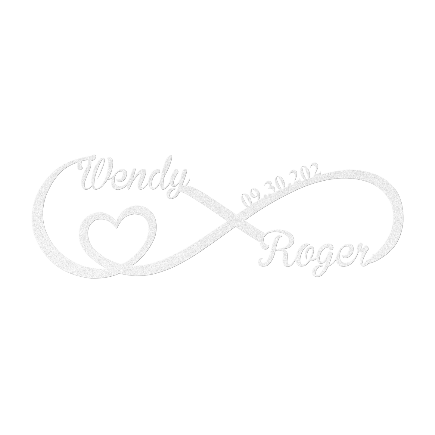 Personalized infinity love metal sign in white — custom couples names and wedding date wall art