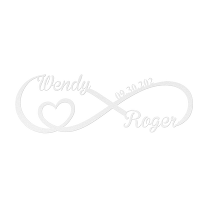 Personalized infinity love metal sign in white — custom couples names and wedding date wall art