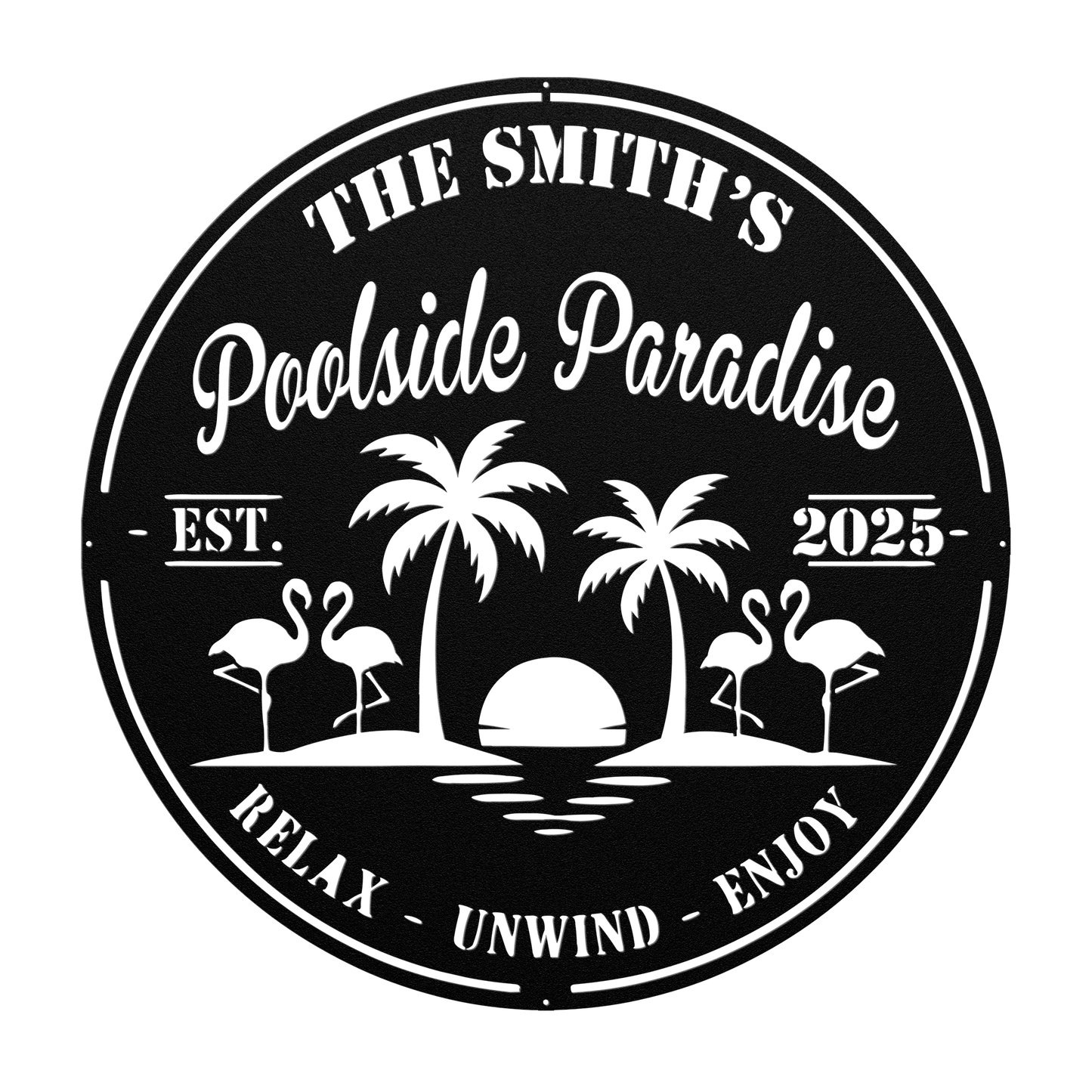 Personalized poolside paradise round metal sign in black powder-coated steel with family name, palm trees and flamingos
