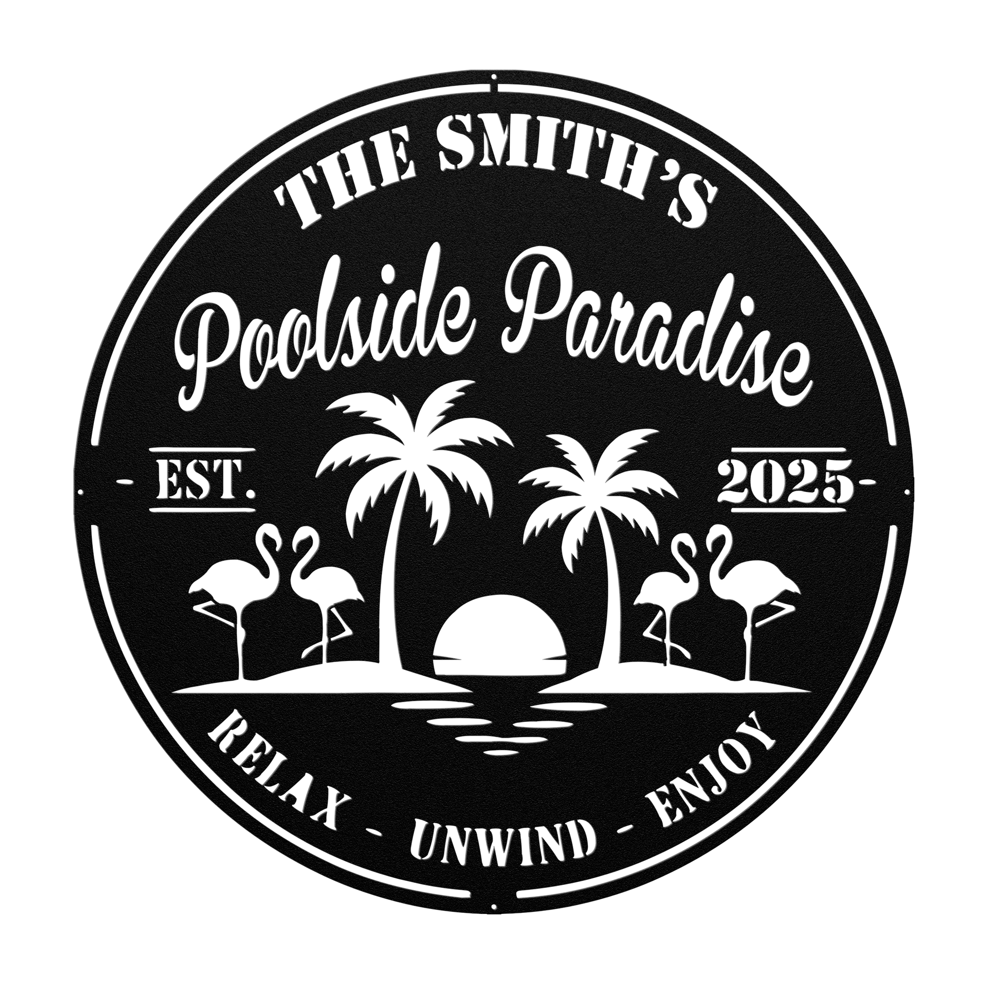 Personalized poolside paradise round metal sign in black powder-coated steel with family name, palm trees and flamingos
