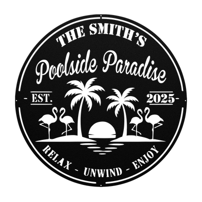 Personalized poolside paradise round metal sign in black powder-coated steel with family name, palm trees and flamingos
