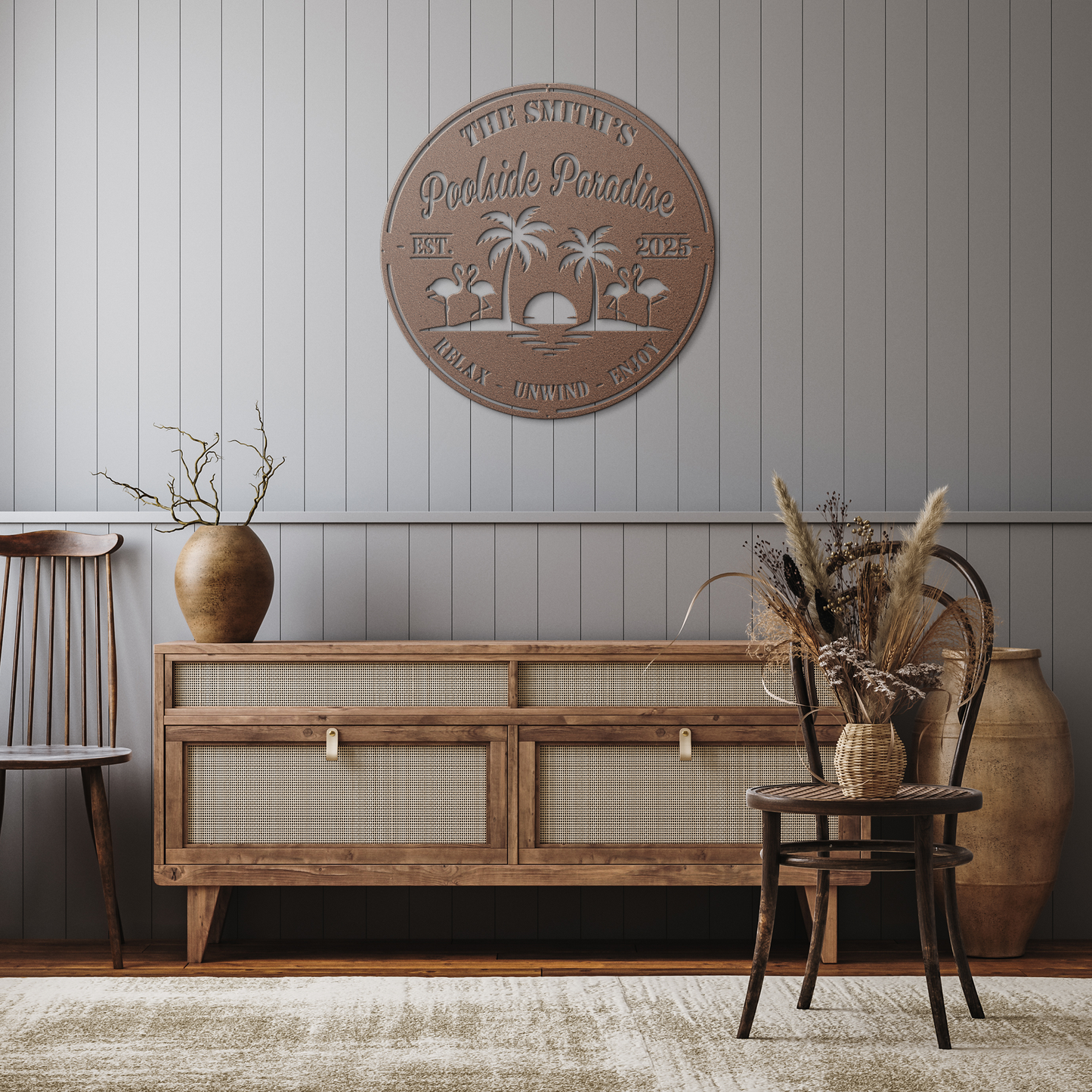Personalized_Poolside_Paradise_Metal_Sig_Copper_Rustic_Hallway_Mockup.png_15788024