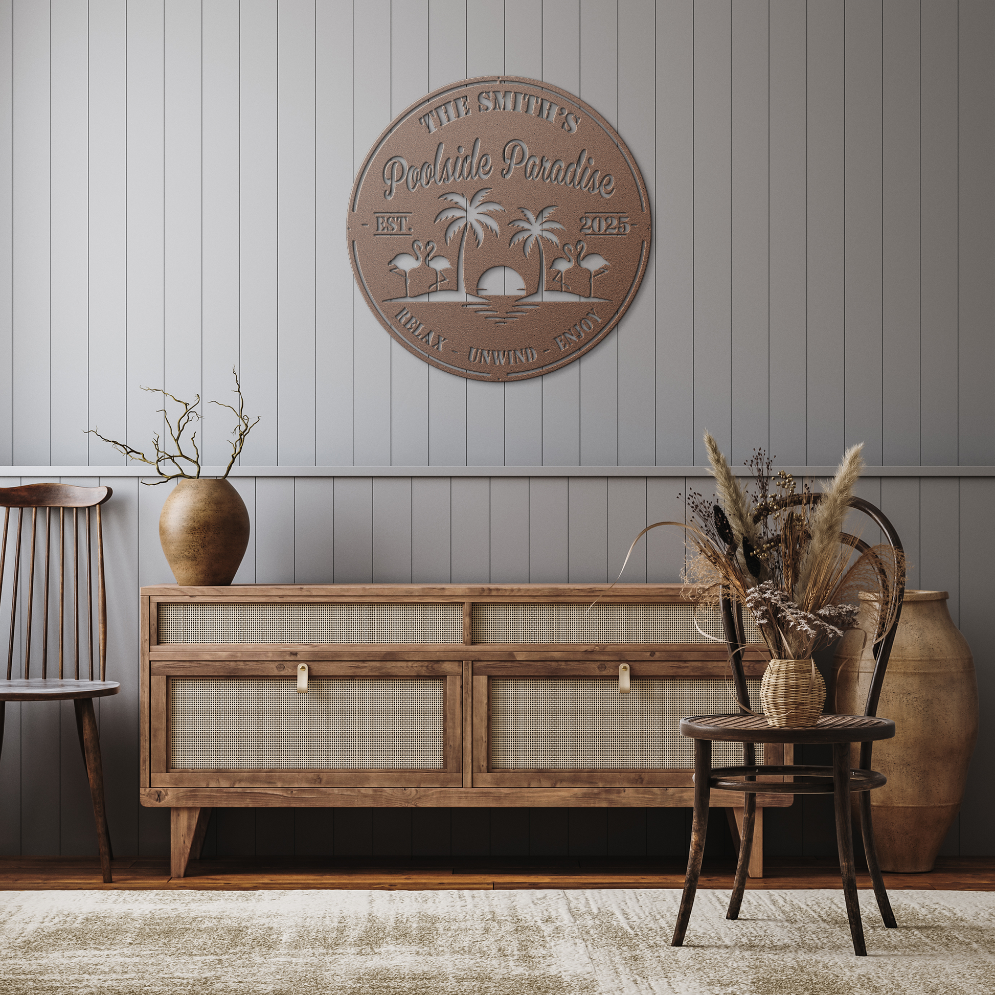 Personalized_Poolside_Paradise_Metal_Sig_Copper_Rustic_Hallway_Mockup.png_15788024