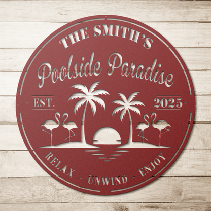 Poolside paradise metal sign size comparison — 12-inch and 24-inch round steel signs side by side on natural wood

