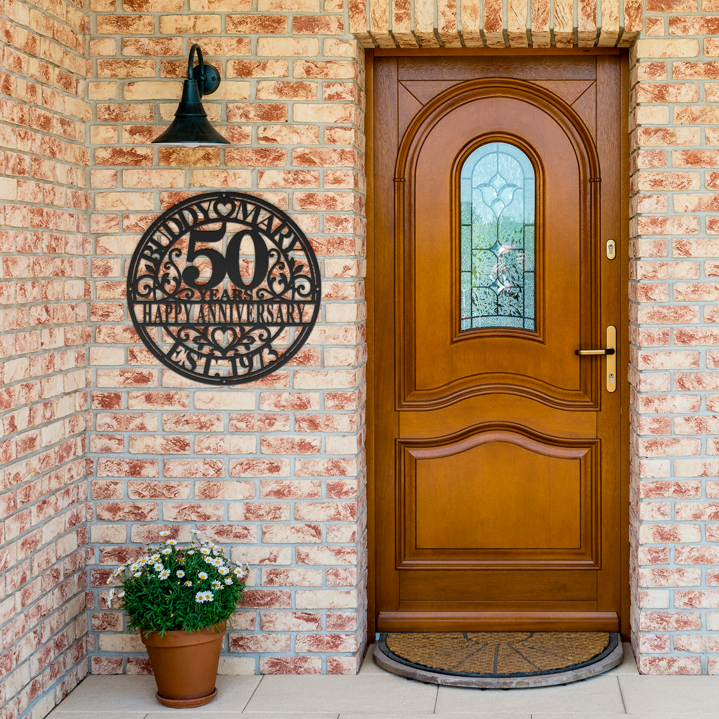 Black personalized wedding anniversary metal sign by brick entrance — personalized keepsake decor