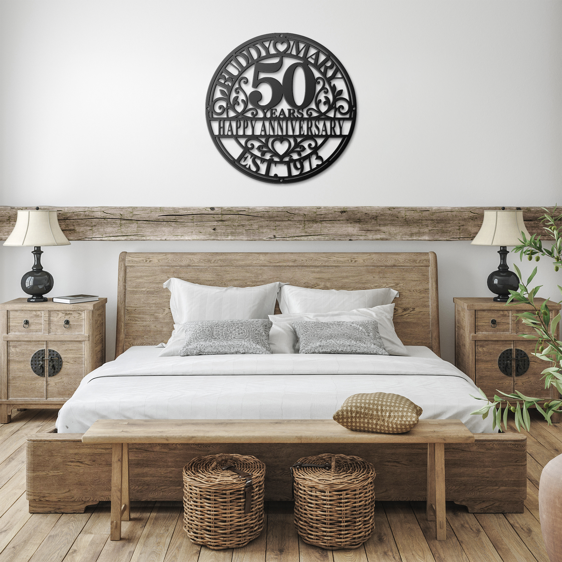 Black personalized wedding anniversary metal sign in farmhouse bedroom — personalized keepsake wall art