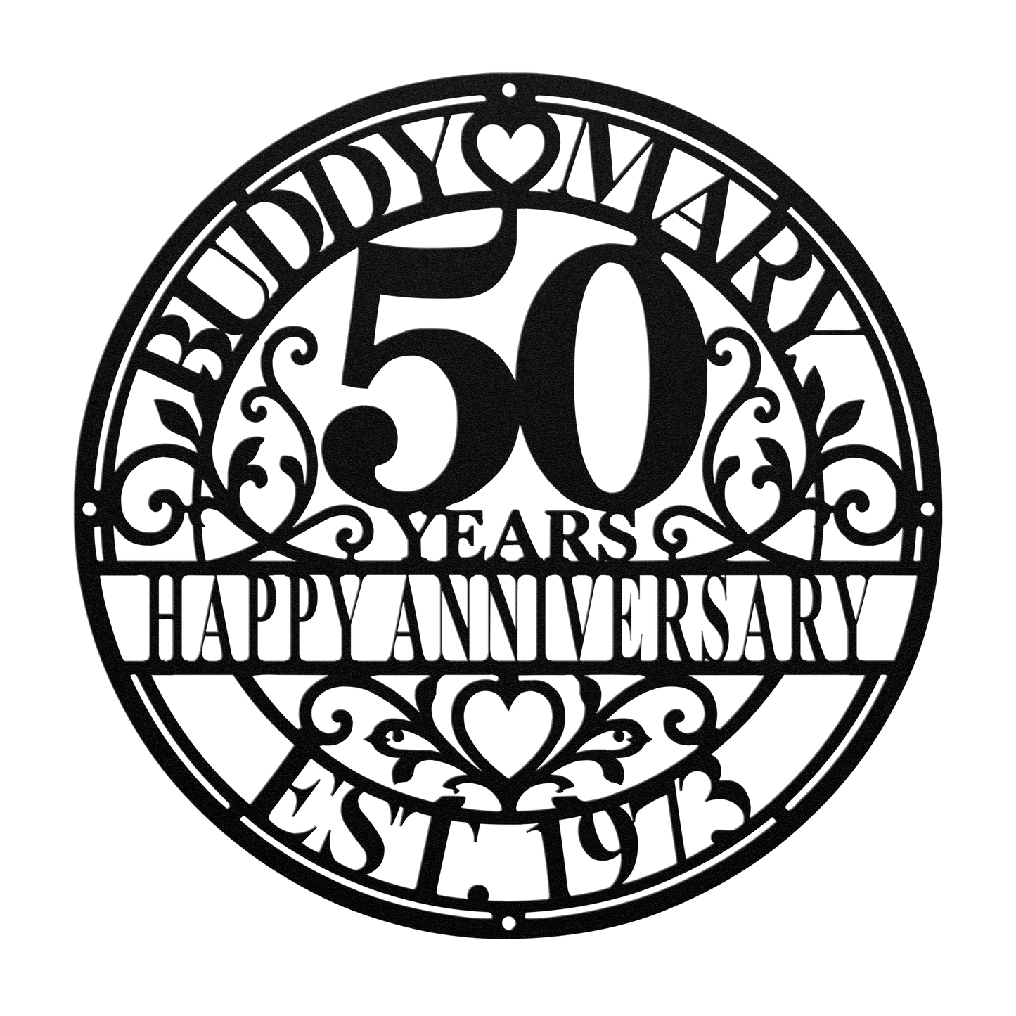 Personalized wedding anniversary metal sign in black — custom couples names and years wall art