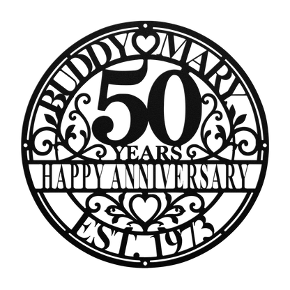 Personalized wedding anniversary metal sign in black — custom couples names and years wall art