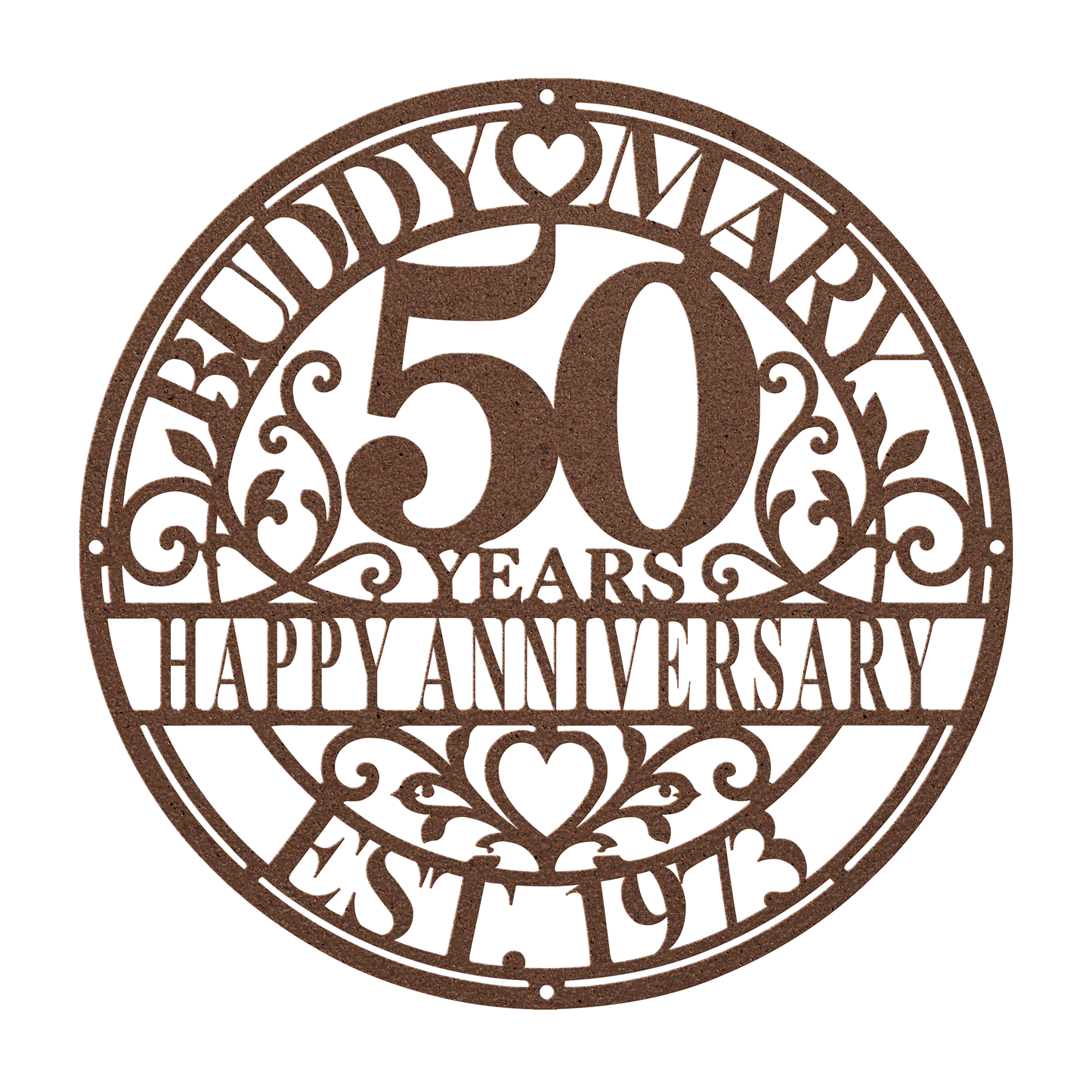 Personalized wedding anniversary metal sign in copper — custom couples names and years wall art