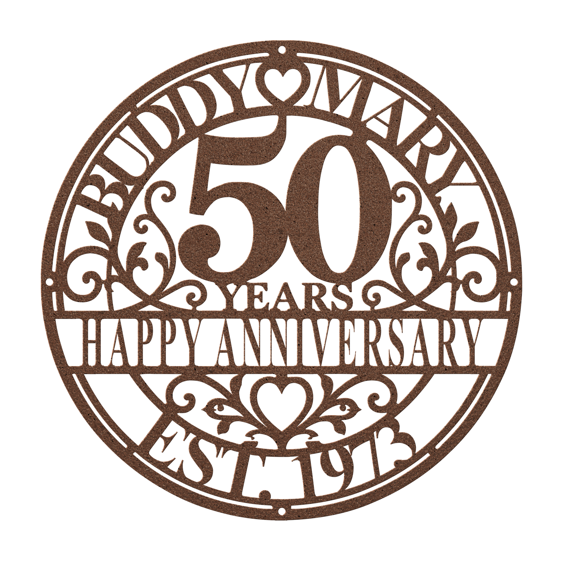 Personalized wedding anniversary metal sign in copper — custom couples names and years wall art