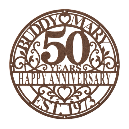 Personalized wedding anniversary metal sign in copper — custom couples names and years wall art