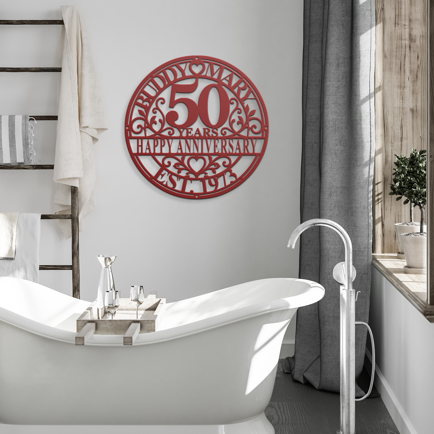 Red personalized wedding anniversary metal sign in modern room — personalized keepsake decor
