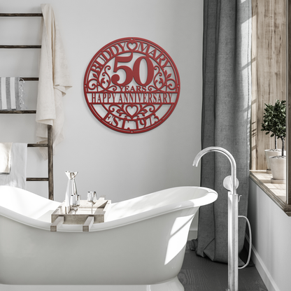 Red personalized wedding anniversary metal sign in modern room — personalized keepsake decor