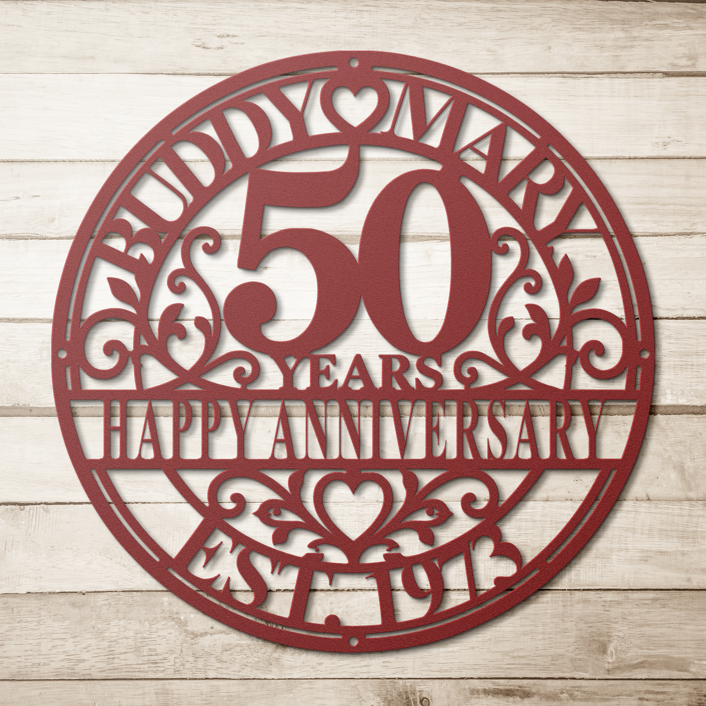 Red personalized wedding anniversary metal sign on wood background — personalized keepsake wall art