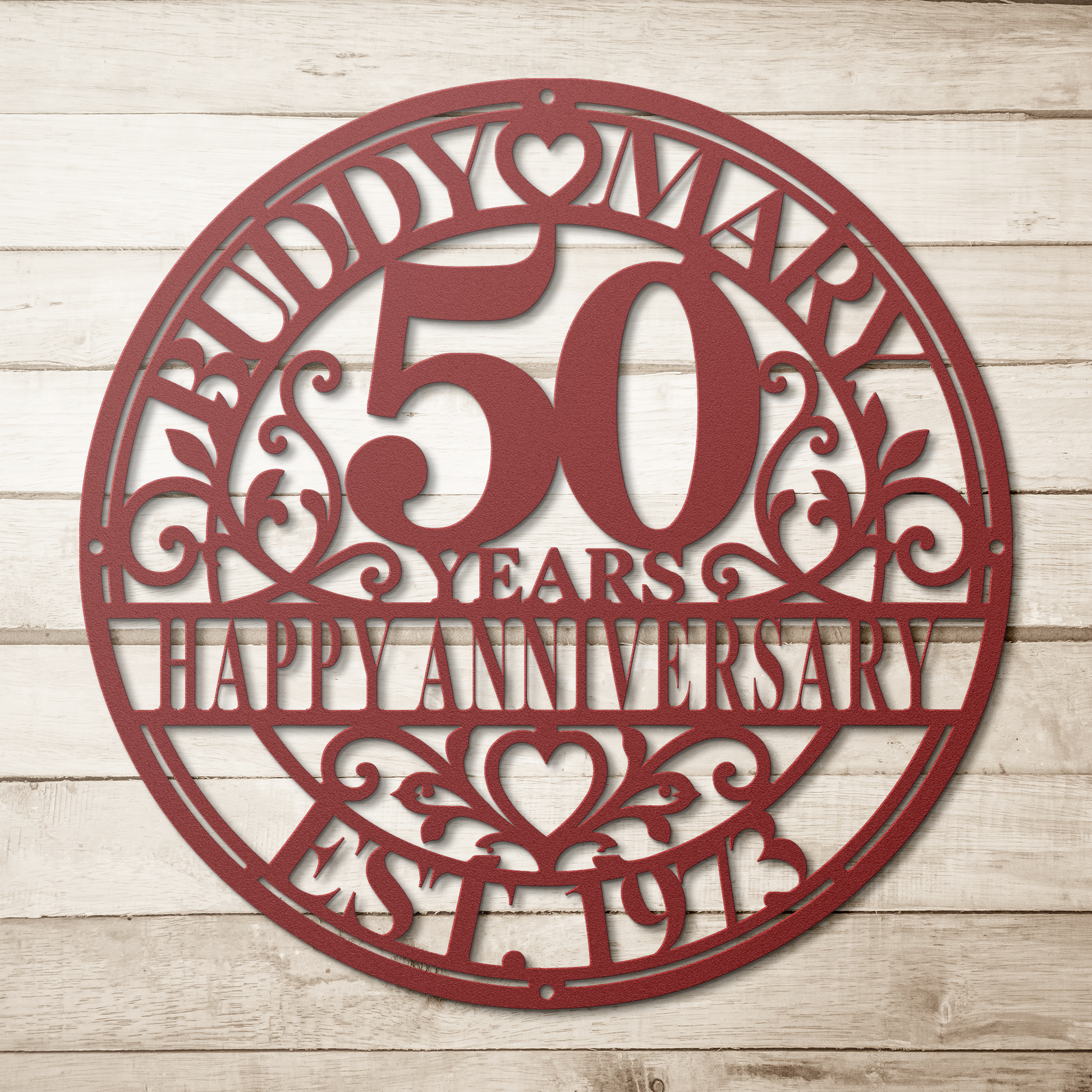 Red personalized wedding anniversary metal sign on wood background — personalized keepsake wall art
