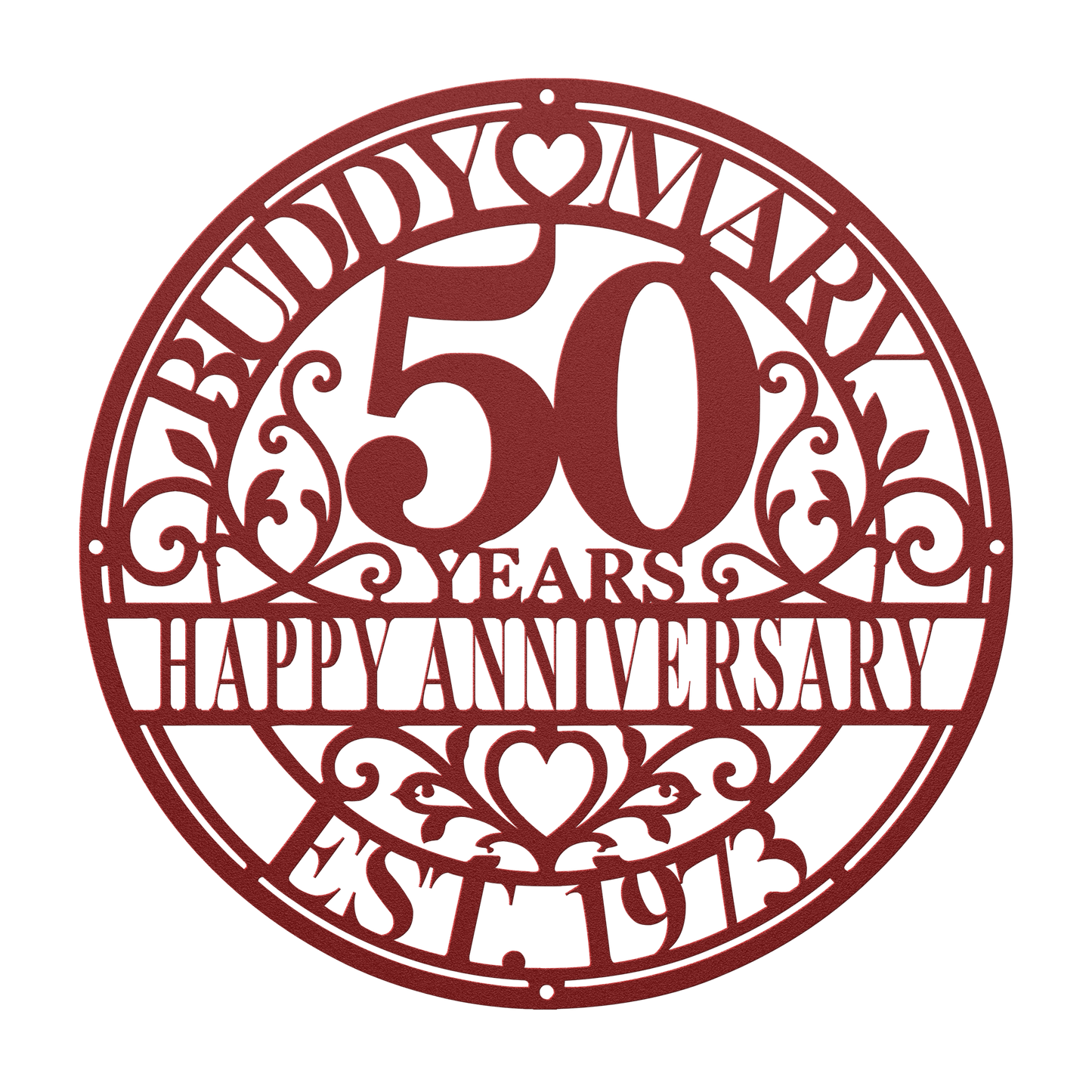Personalized wedding anniversary metal sign in red — custom couples names and years wall art