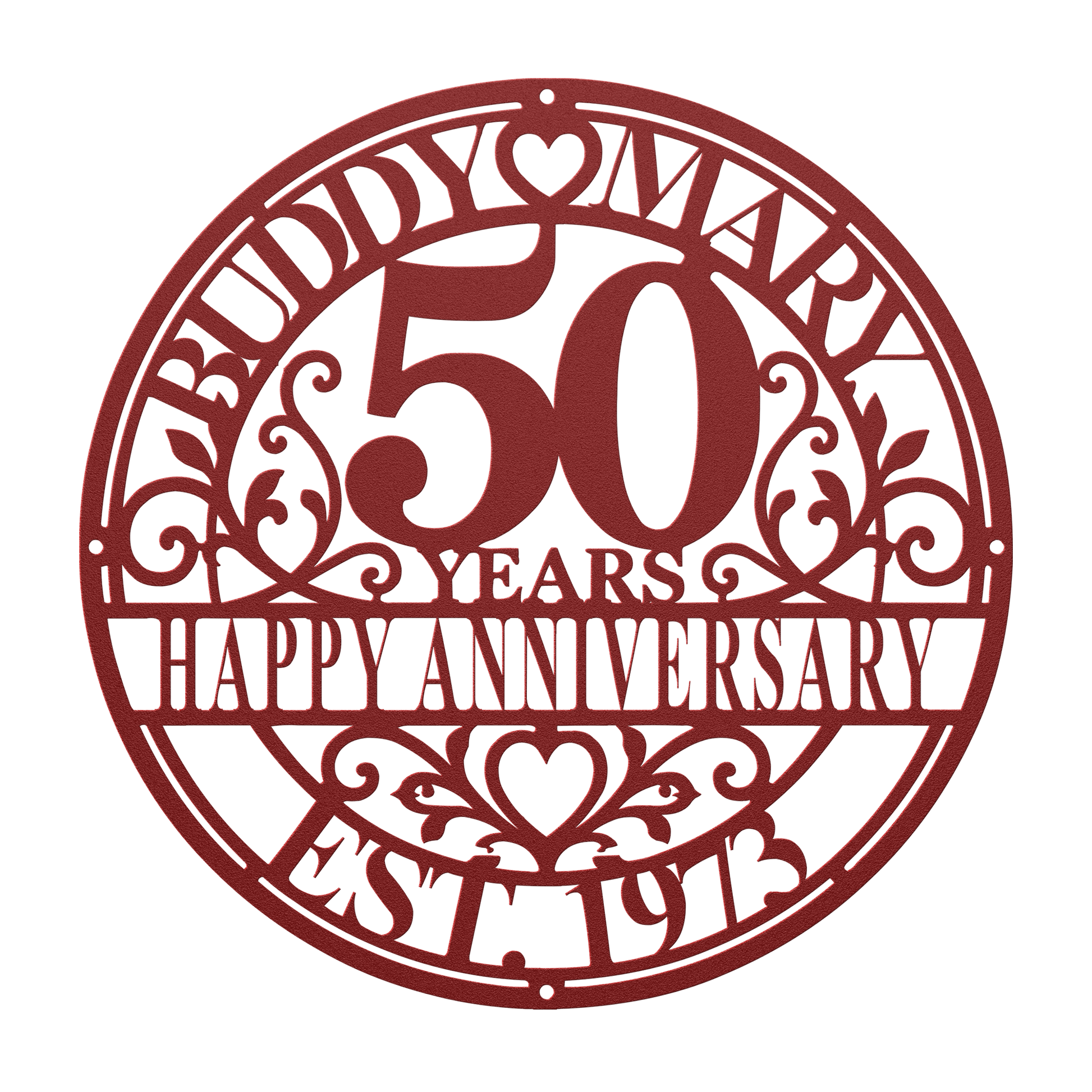 Personalized wedding anniversary metal sign in red — custom couples names and years wall art