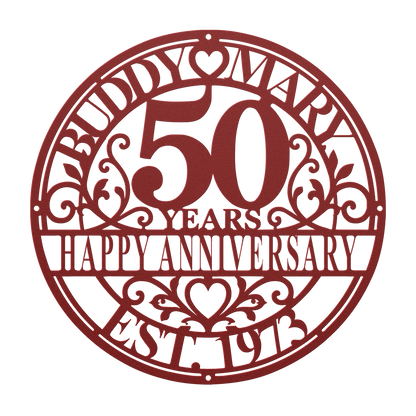 Personalized wedding anniversary metal sign in red — custom couples names and years wall art