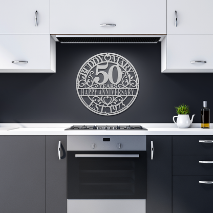 Silver personalized wedding anniversary metal sign in dark kitchen — personalized keepsake decor