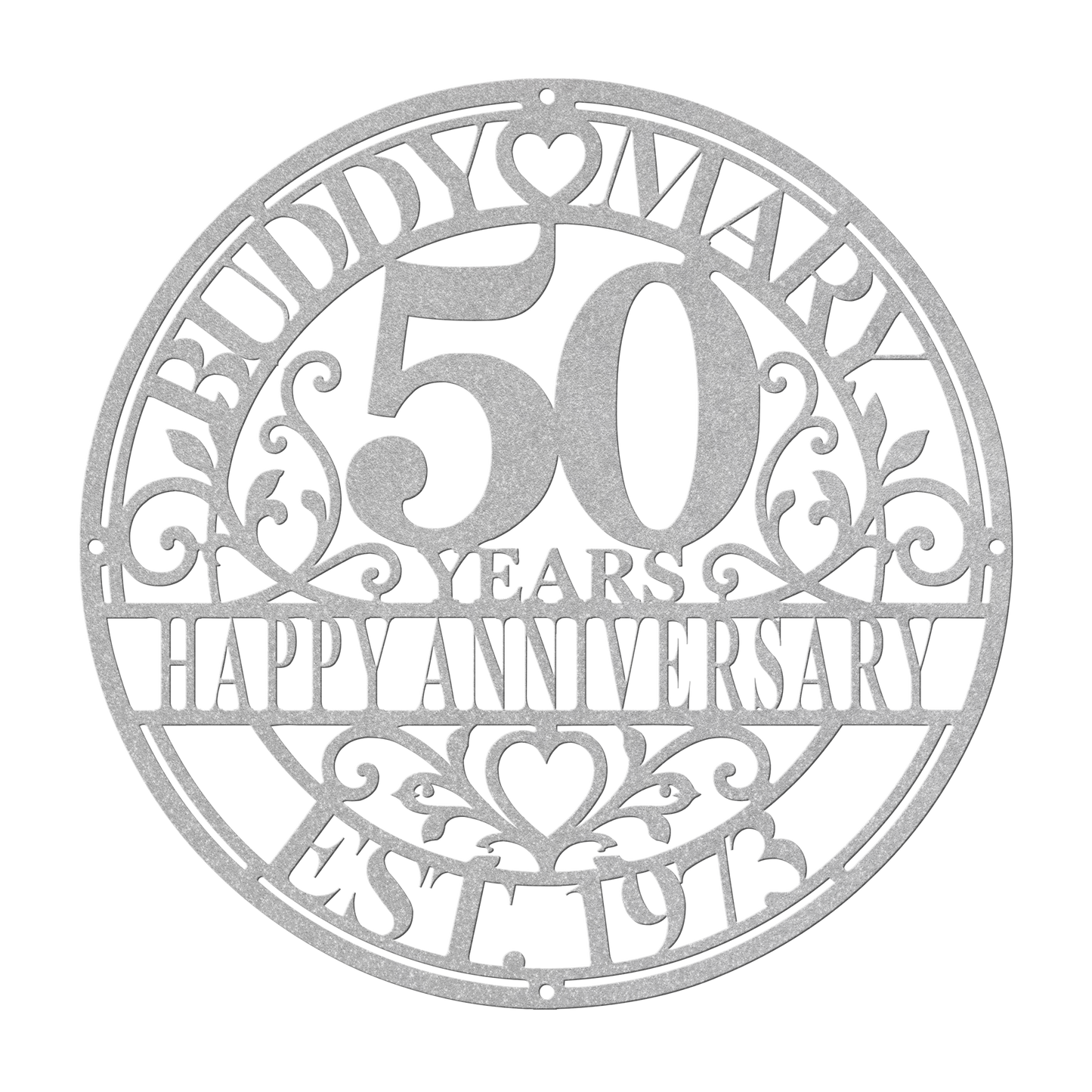 Personalized wedding anniversary metal sign in silver — custom couples names and years wall art