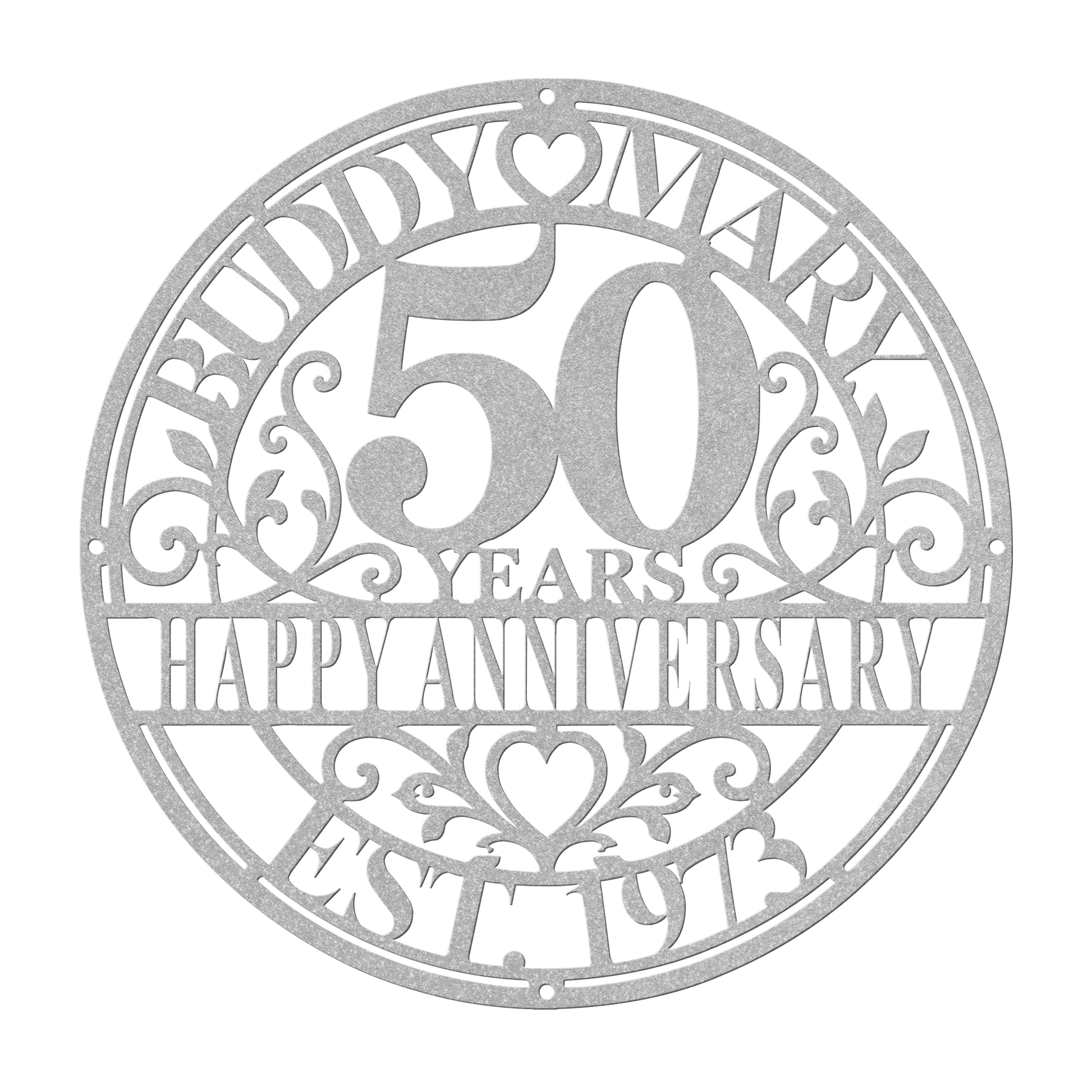 Personalized wedding anniversary metal sign in silver — custom couples names and years wall art