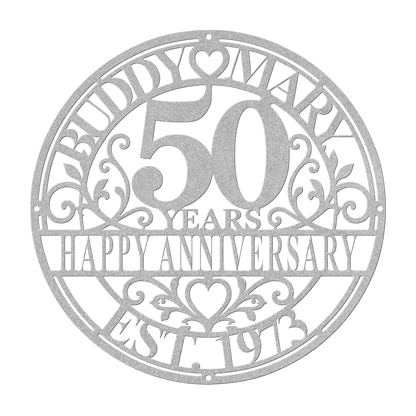 Personalized wedding anniversary metal sign in silver — custom couples names and years wall art