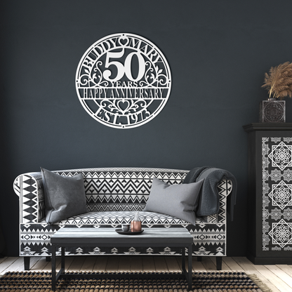 White personalized wedding anniversary metal sign in living room — personalized keepsake wall decor