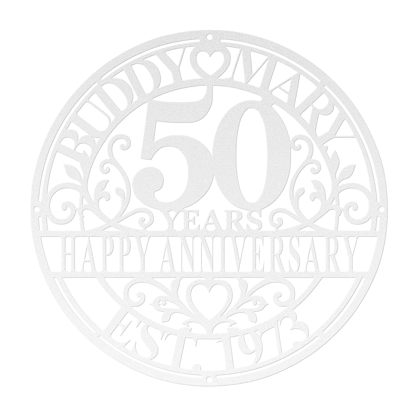 Personalized wedding anniversary metal sign in white — custom couples names and years wall art
