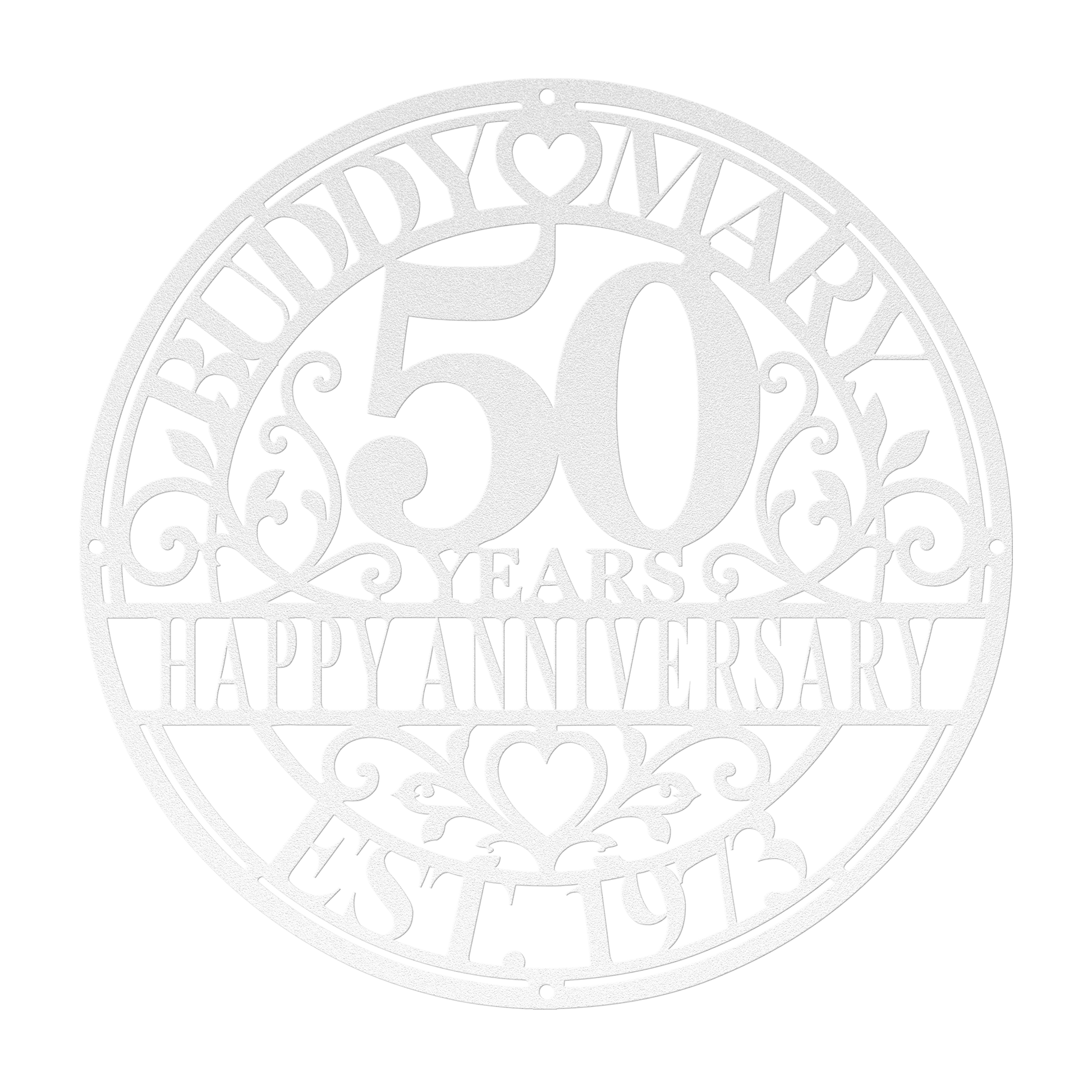 Personalized wedding anniversary metal sign in white — custom couples names and years wall art