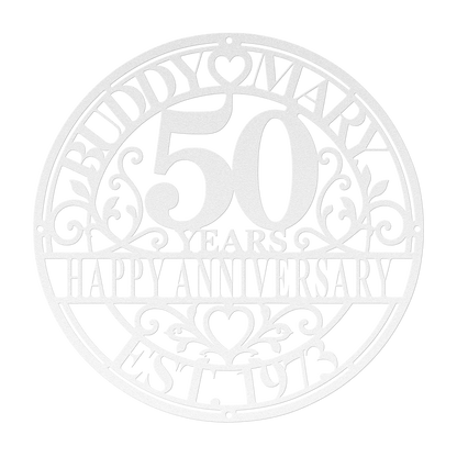 Personalized wedding anniversary metal sign in white — custom couples names and years wall art