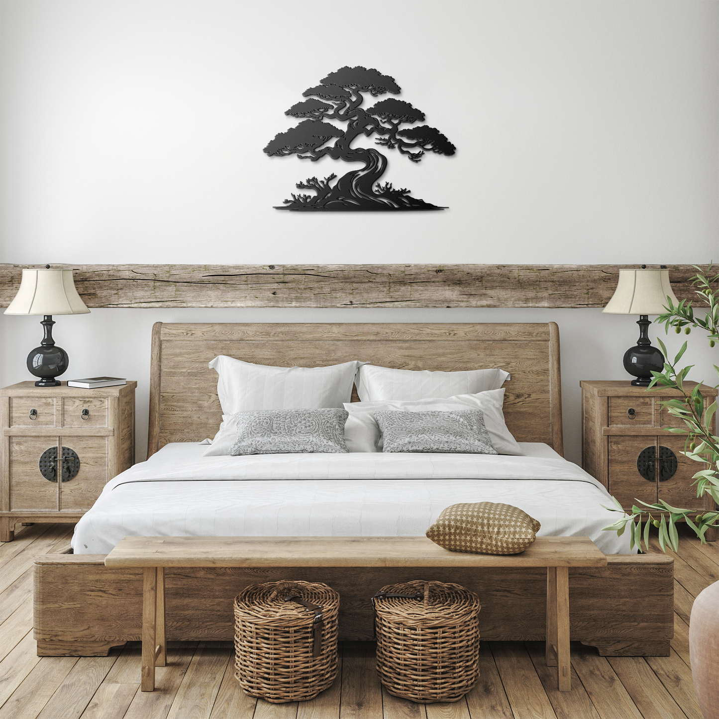 Pine tree bonsai metal wall art mounted on wood — indoor nature decor