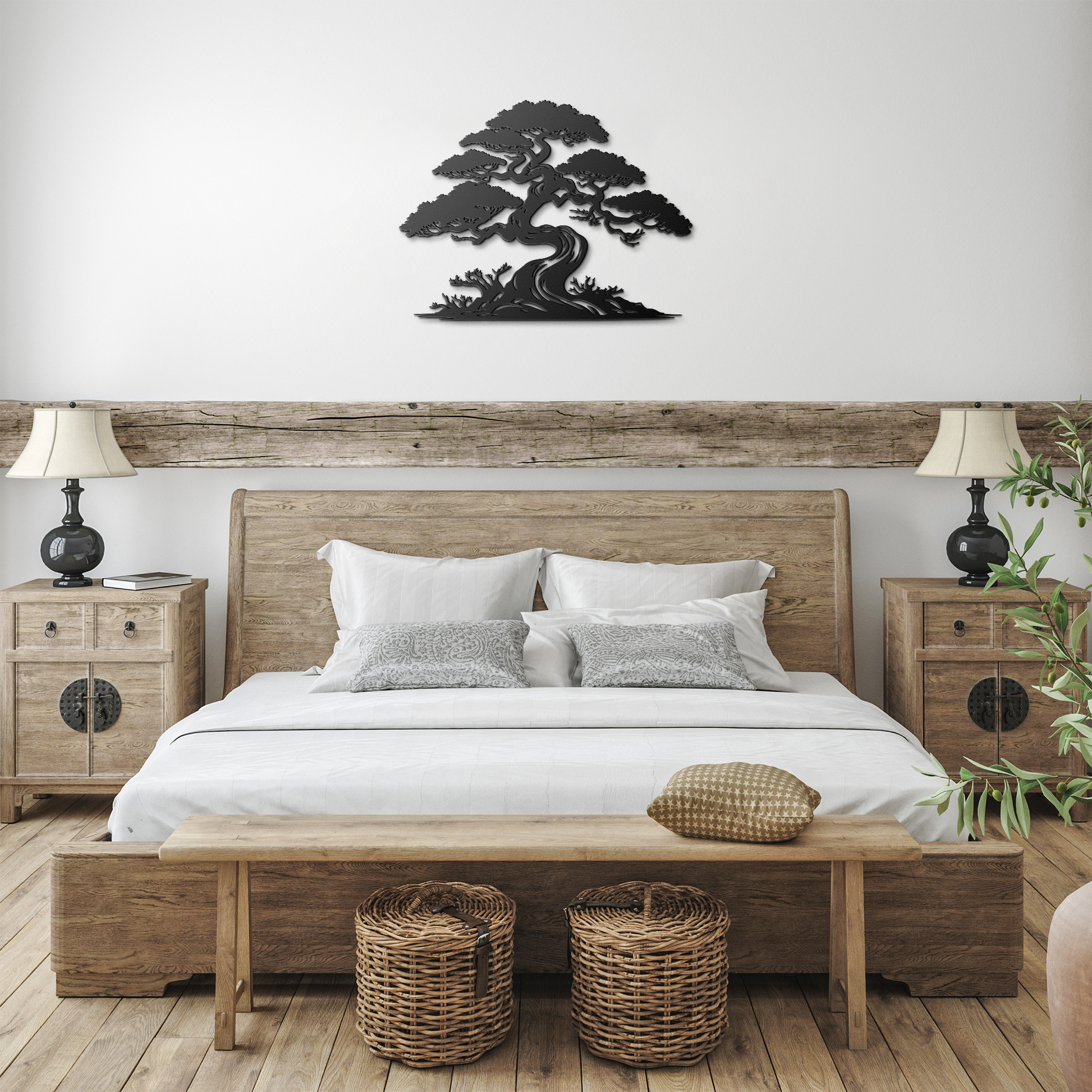 Pine tree bonsai metal wall art mounted on wood — indoor nature decor