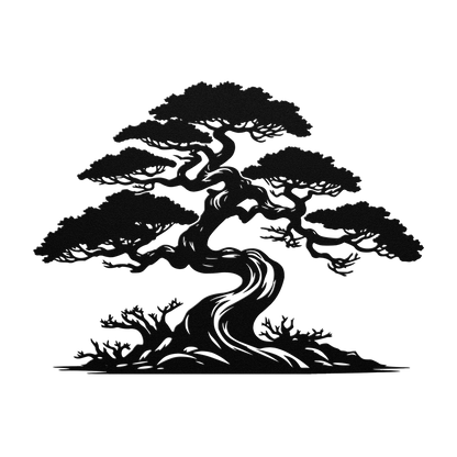 Pine tree and bonsai metal sign in white — cabin and lodge wall art