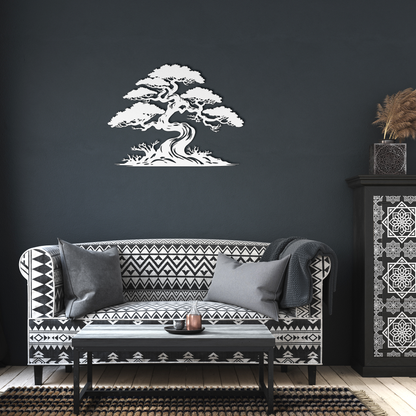 Close up of plasma-cut pine tree metal wall art — 18 gauge steel detail