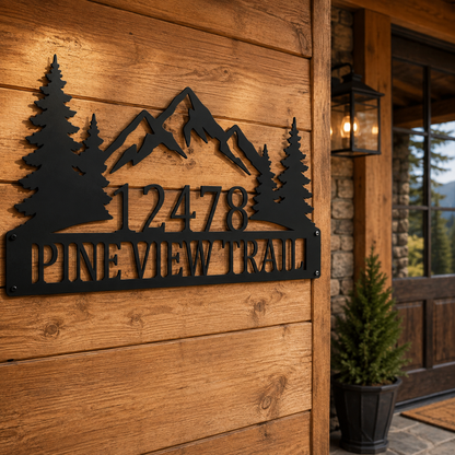 Custom mountain address sign — personalized pine tree house number in plasma-cut steel
