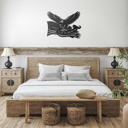 Black American flag metal sign in farmhouse bedroom — patriotic bald eagle wall art