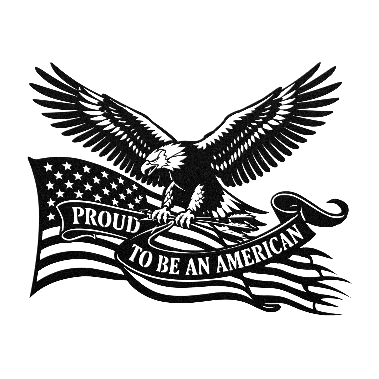 Proud to Be an American metal wall art in black — patriotic bald eagle flag sign