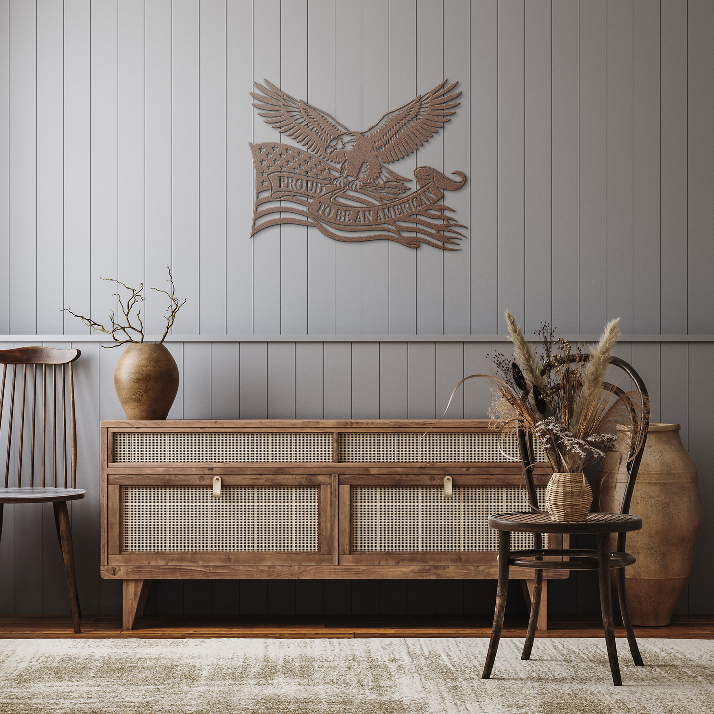 Copper American flag metal sign in rustic hallway — patriotic bald eagle wall art