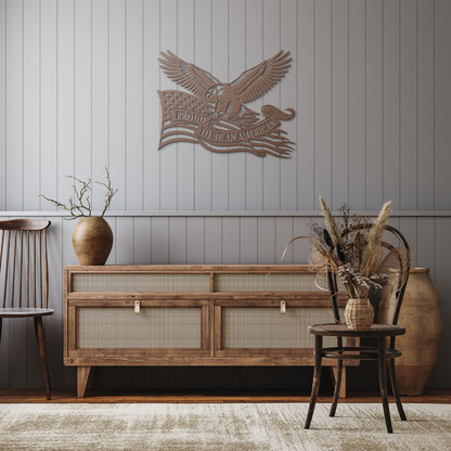 Copper American flag metal sign in rustic hallway — patriotic bald eagle wall art