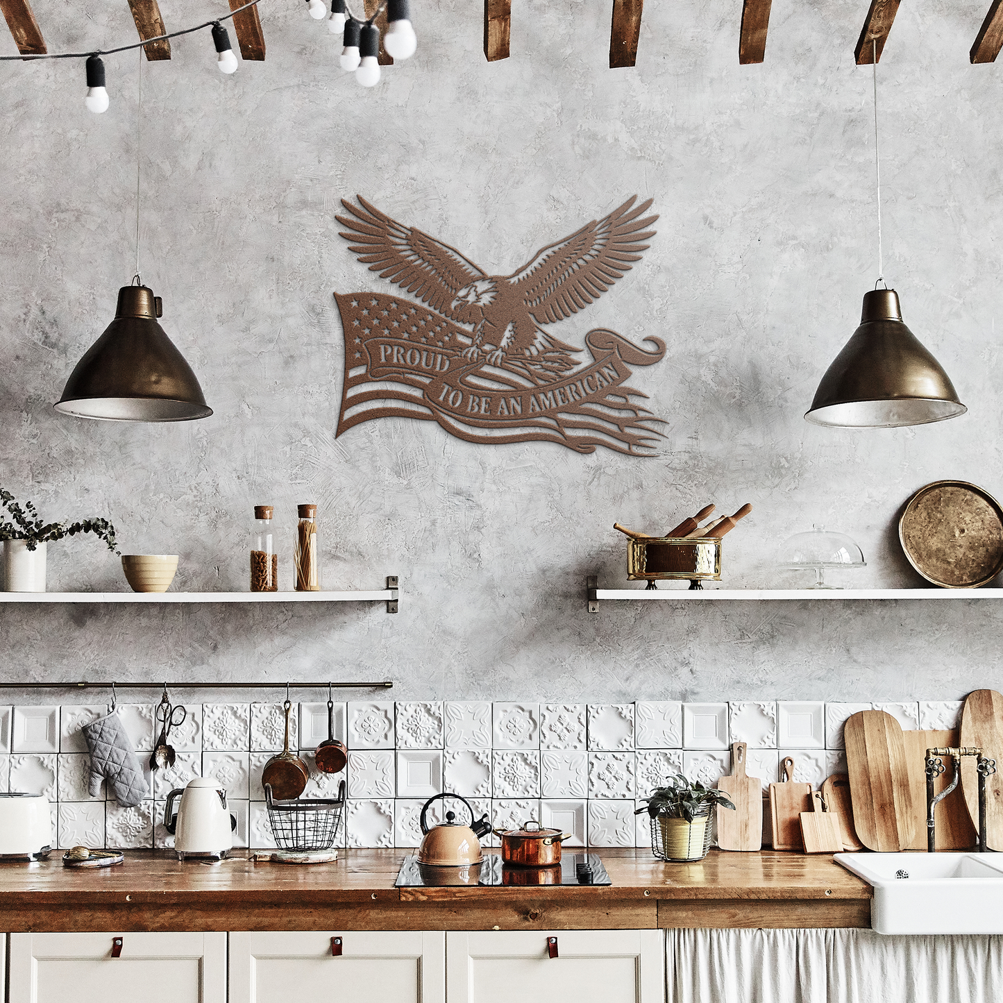 Copper American flag metal sign in rustic kitchen — patriotic bald eagle decor