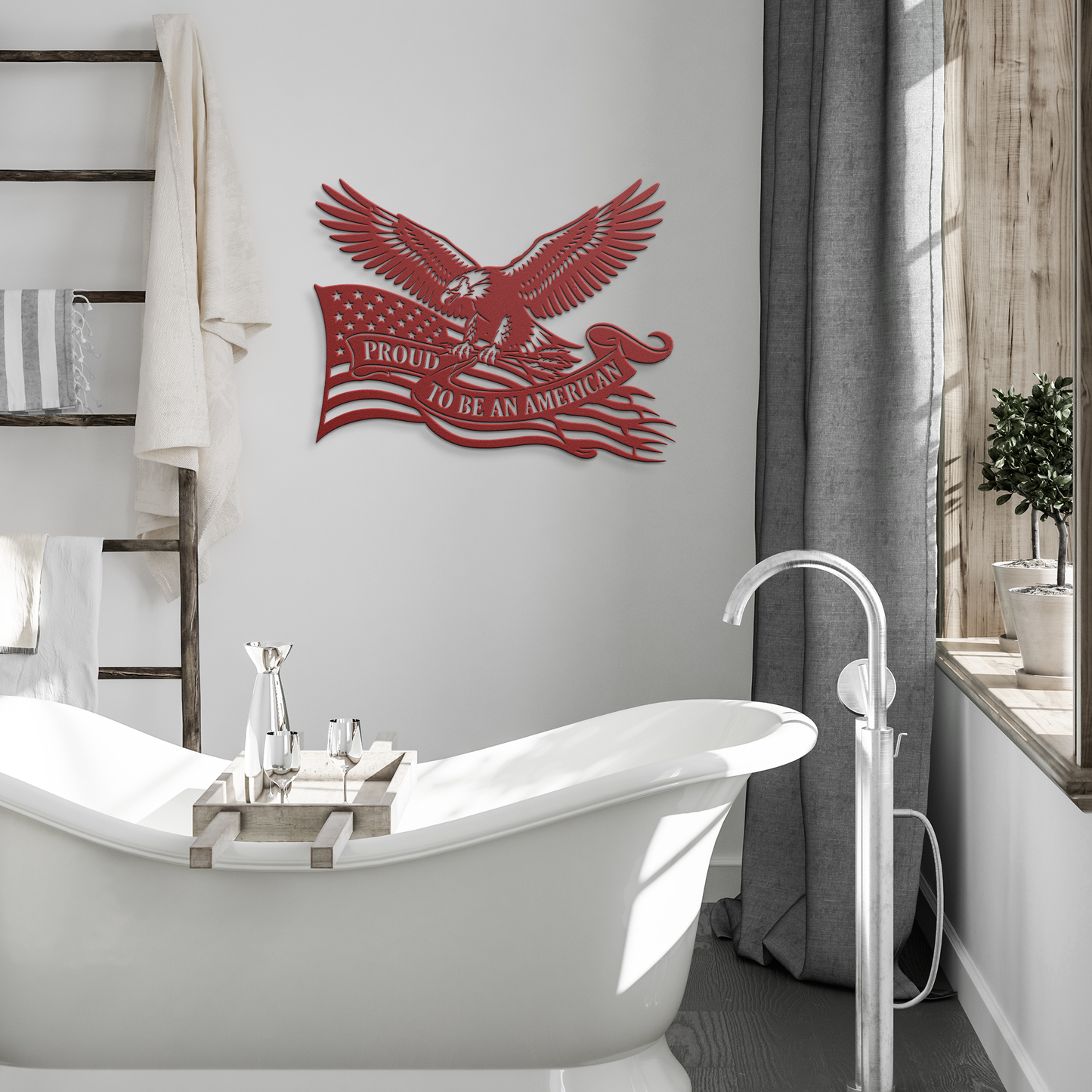 Red American flag metal sign in modern bathroom — patriotic bald eagle decor