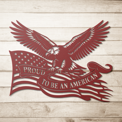 Red patriotic American metal sign on wood background — bald eagle flag wall art